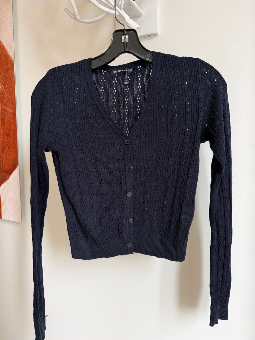 Navy Open-Knit V-Neck Button Cardigan Sweater - brandy melville